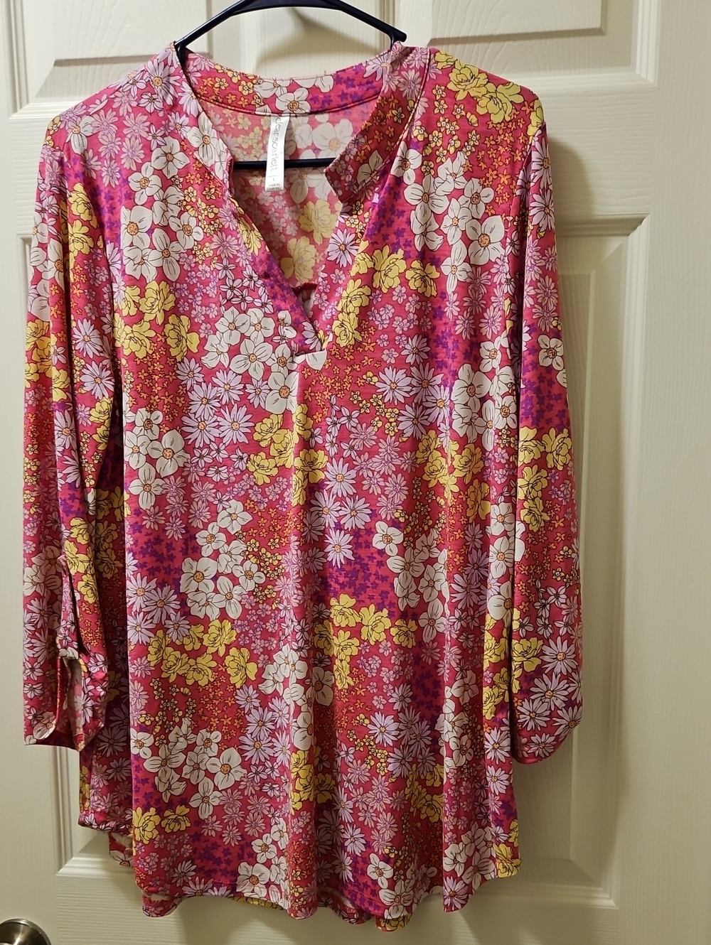 Scarlett Pink Yellow White Floral Split-Neck Tunic Size L